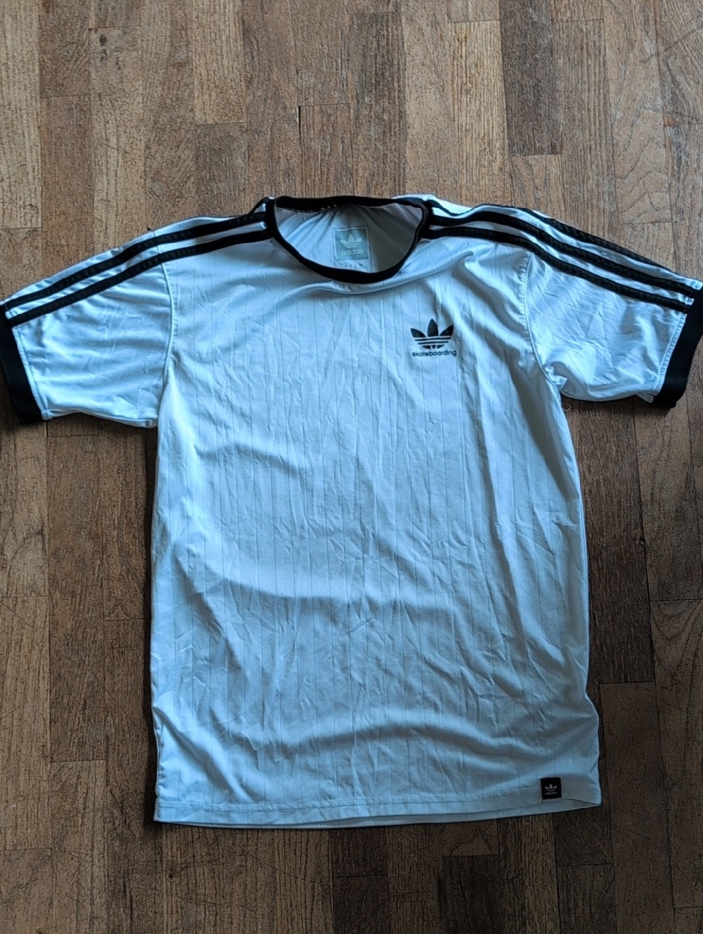 adidas Skateboarding White Short Sleeve Trefoil Stripe Tee with Black Trim (Read